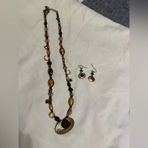 Premiere Designs Elegant Gold and Brown Necklace and Earring Set